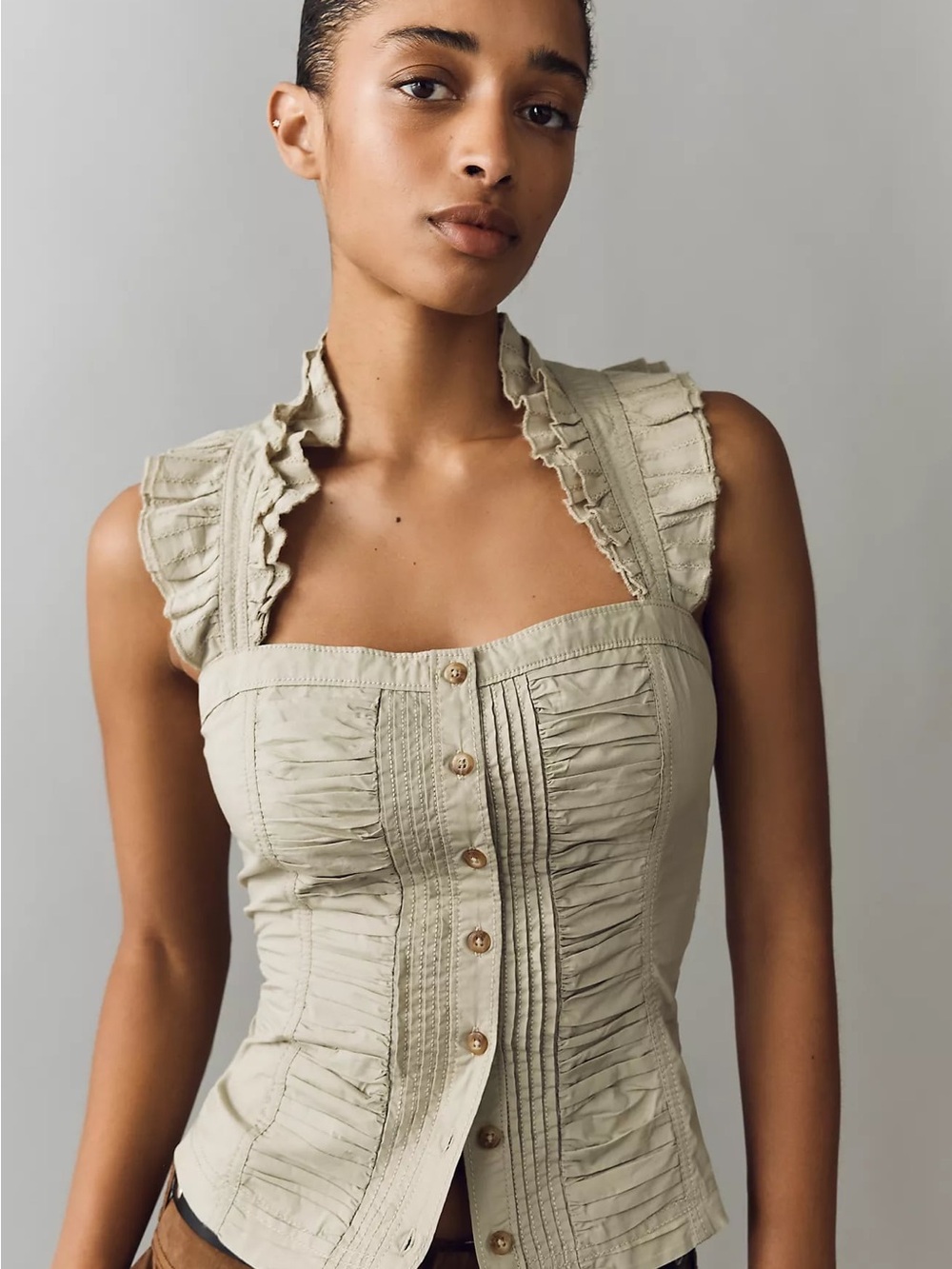 Anthropologie Beige Ruffled-Sleeve Button-Front Top